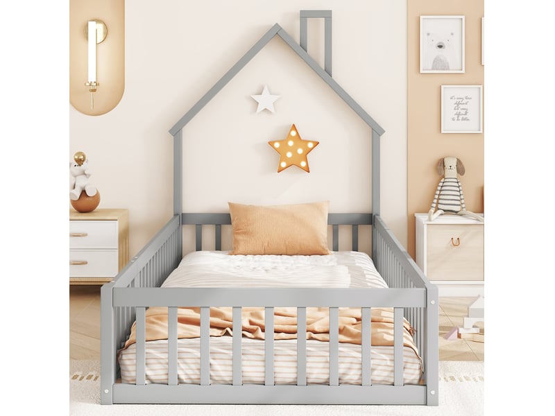  Lit cabane enfant 90 x 200 cm avec sommier à lattes et barrière de sécurité gris  - Conforama D
