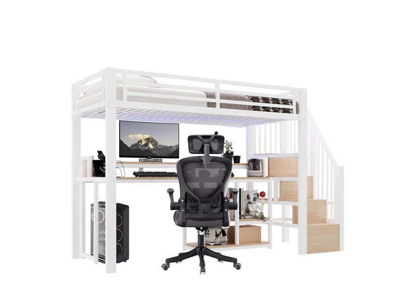  Lit mezzanine 90x200 cm, usb + type-c, avec éclairage led, garde-corps, avec bureau, espaces de rangement, métal mdf blanc sans matelas  - Conforama A