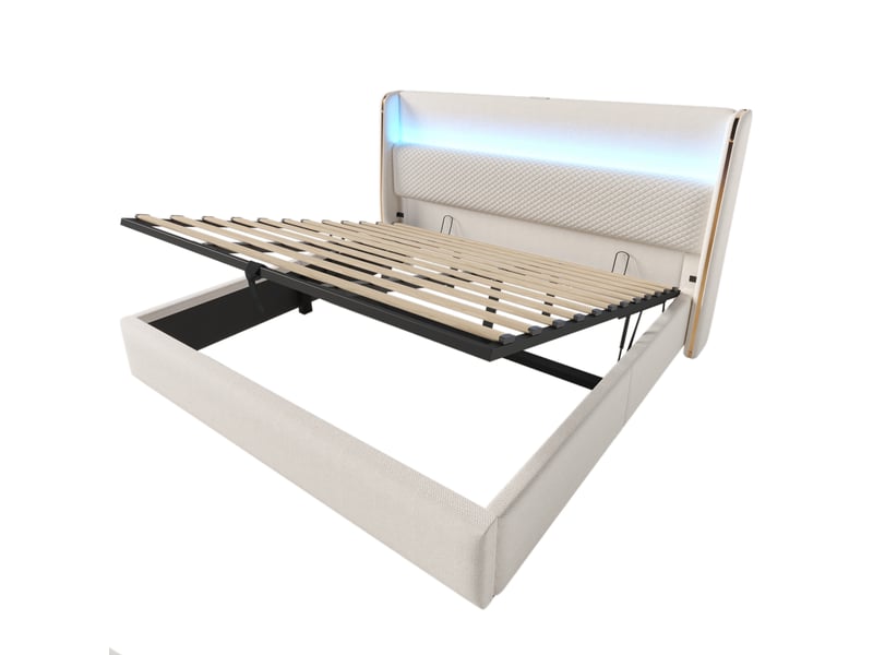 Lit coffre 180x200 cm, lit double, tête de lit haute, ports de charge, led, sommier, lin, beige, sans matelas - Conforama R