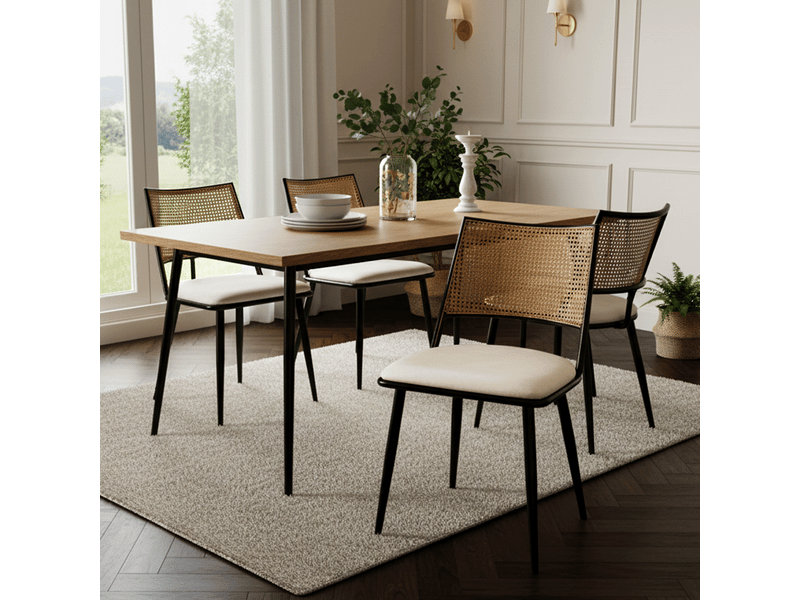  Chaises de salle à manger lot de 4 avec dossier en rotin et assise rembourrée  - pu et métal noir  - Conforama E
