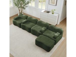 Canapé d’angle panoramique en l 4 places 384 cm avec 1 pouf - modulable sans montage - mousse 32d - velours doux - coussin d’accoudoir mobile - vert