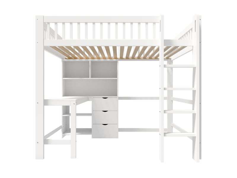  Lit mezzanine avec bureau, 3 tiroirs, rangements et échelle, blanc, 140x200 cm  - Conforama A