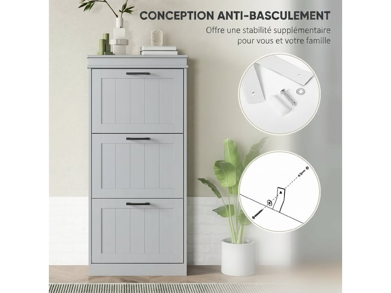  Meuble à chaussures, armoire à chaussures 3 portes abattants 15 paires, étagères réglables, gris, 54 x 24 x 117,5 cm  - Conforama W