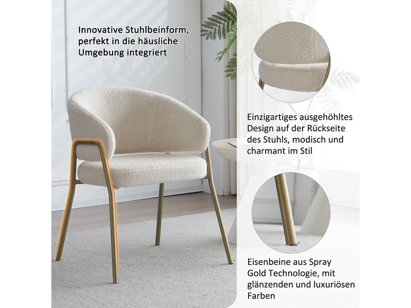  Chaise de salle à manger en tissu effet peau de mouton avec assise rembourrée, dossier ajouré et pieds en fer doré, blanc  - Conforama E