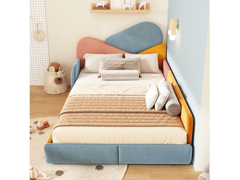  Lit enfant, 140x200 cm, côtés surélevés, motif patchwork multicolore, chambre, matelas non inclus, bois, coloris bleu  - Conforama D