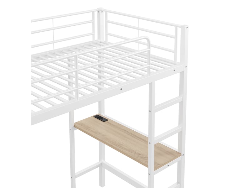  Lit mezzanine 90x200 cm avec bureau, prises usb intégrées, rangement, garde-corps et échelle, métal, blanc, sans matelas  - Conforama E
