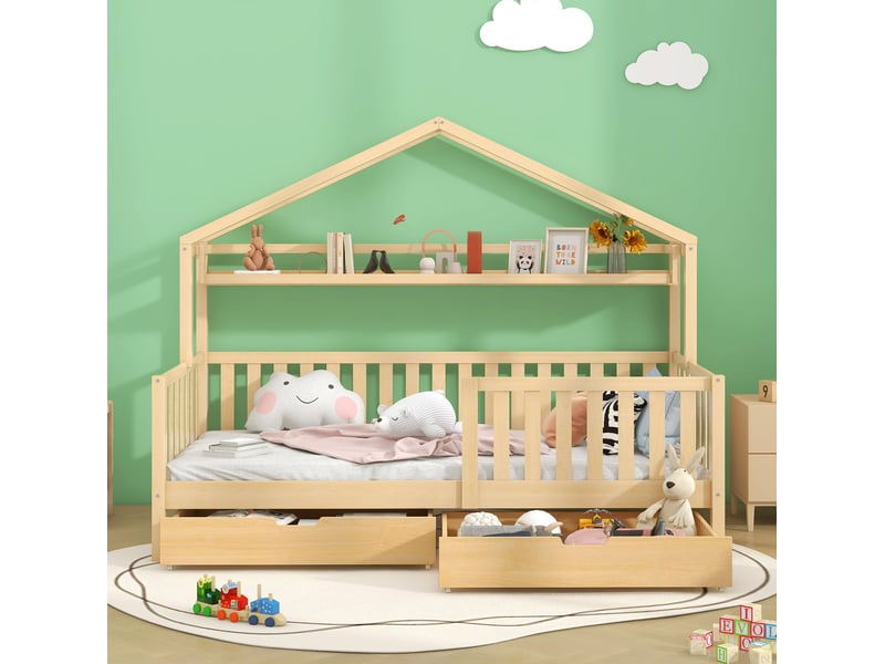  Modenvie lit cabane enfant 90x200 cm - avec 2 tiroirs et étagère intégrée, sans matelas - naturel  - Conforama D