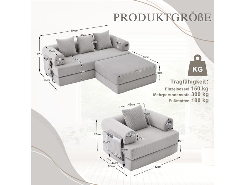  Canapé modulable 4 places en velours côtelé gris clair avec pouf, poche latérale et cadre métal  - Conforama C