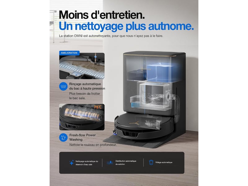  ECOVACS DEEBOT T90S Pro Omni Robot Aspirateur Laveur, 40000Pa, OZMO Roller 3.0, Anti-Enchevêtrement 40000Pa, OZMO Roller 3.0, YIKO - Conforama E