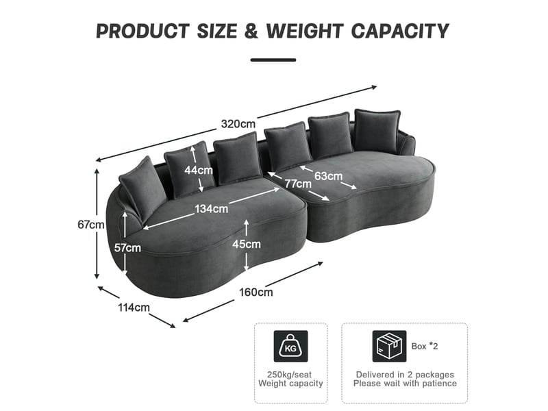  Canapé modulaire 4 places sans montage avec assise profonde et coussins, en chenille gris  - Conforama E