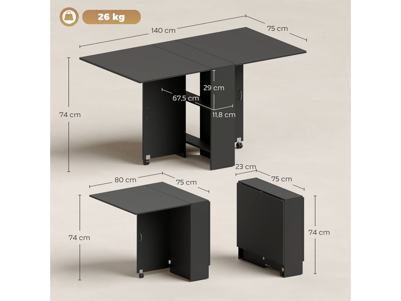  Table de cuisine pliante à 2 roulettes, 2 étagères de rangement et 2 rallonges rabattables, style moderne, 75 x 140 x 74 cm, noire  - Conforama E