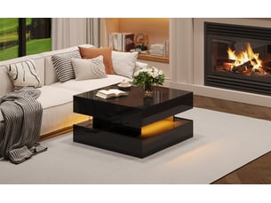 Table basse relevable carrée 65 x 65 x 38,5 cm, plateau 52,5 cm, 2 tiroirs, bande led, panneau particules, noir