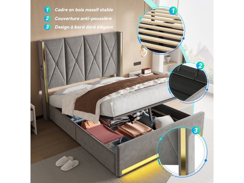  Lit coffre en velours 160 x 200 cm, gris foncé, tête de lit capitonnée, rangement hydraulique, ports usb type-c et led  - Conforama E