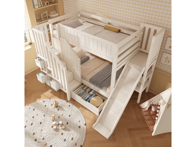  Lit superposé 2 x 90x200 cm, toboggan, escalier de rangement, 3 tiroirs textiles, 2 tiroirs bas, étagères et sommiers, sans matelas, bois, blanc Luxe haut de gamme - Conforama W