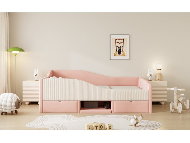  Canapé-lit rembourré 90x190 cm avec deux tiroirs et barrière de sécurité, cadre de lit adulte, rose + crème, lit simple en velours  - Conforama E