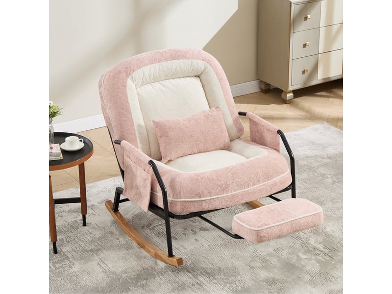 Chaise à bascule - 80 x 87 x 95 cm - rose - fauteuil à rocker inclinable avec repose-pieds et fausse fourrure - Conforama C