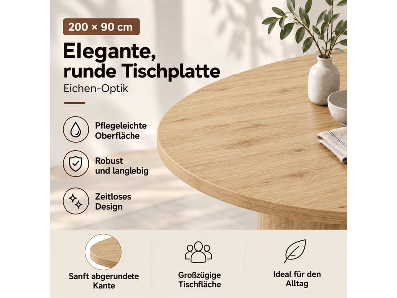  Table à manger 200x90x75cm pour 6 à 8 personnes, plateau épais aux angles arrondis, pieds incurvés, style épuré, effet noyer evarich - Conforama D
