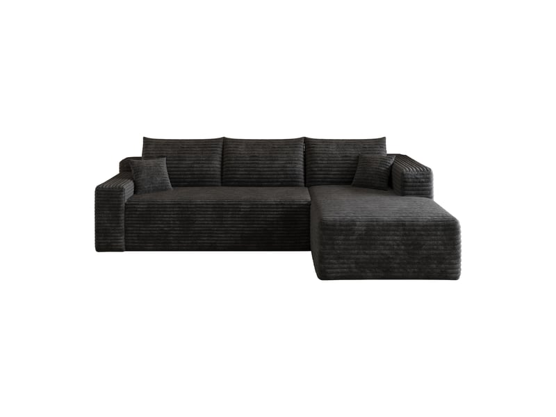 Canapé d’angle noir 3 places en velours côtelé, canapé avec méridienne de 241 cm pour salon, assise profonde et confortable - Conforama A
