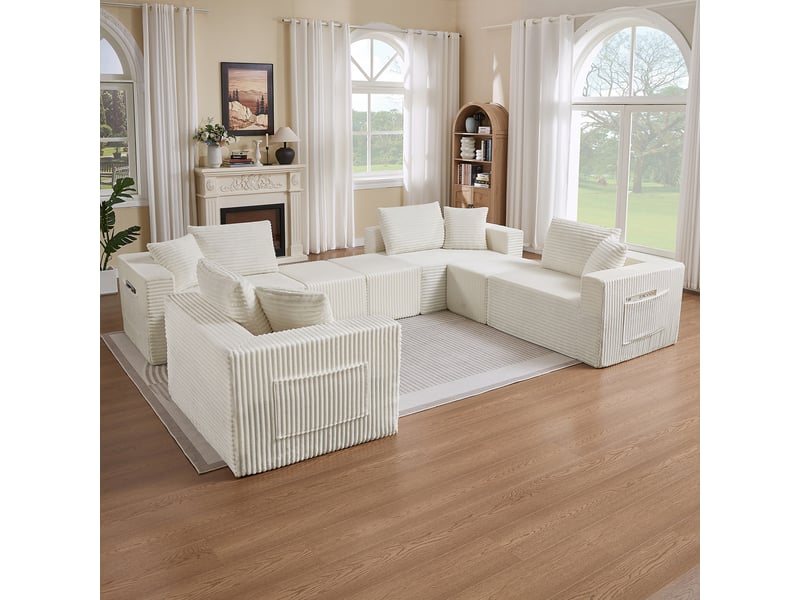  Canapé modulable 8 places en velours côtelé beige, assise souple et modules repositionnables IKSETERA TRADING LTD - Conforama E