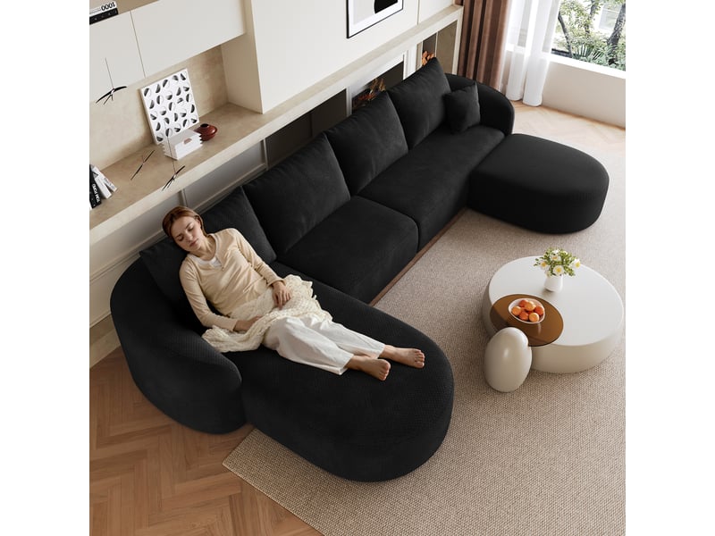  Canapé modulable d'angle en u 336x168cm, structure sans bois, revêtement tissu noir, design contemporain pour salon  - Conforama R