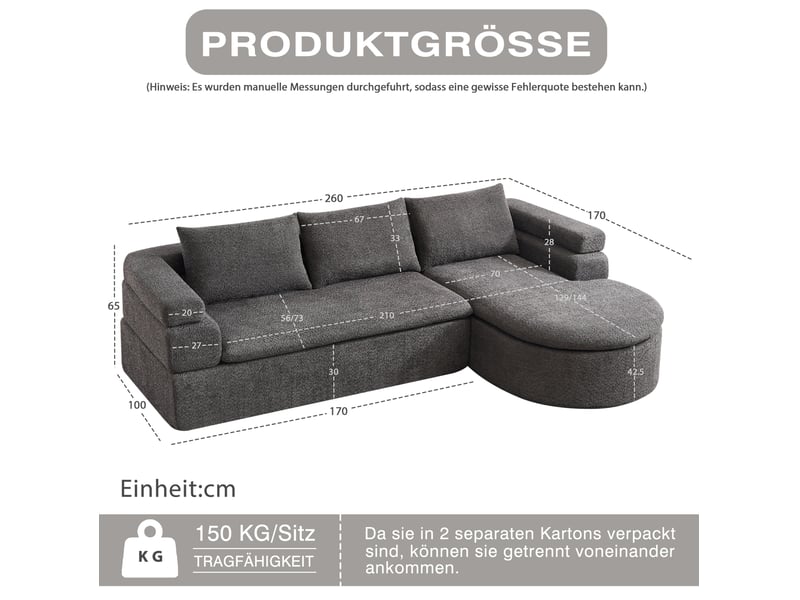 Canapé d'angle modenvie 3 places avec méridienne à droite en chenille gris anthracite 260 x 170 x 65 cm - Conforama C