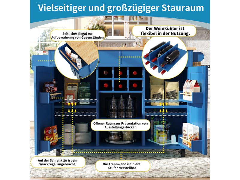  Îlot de cuisine bleu moderne avec rangement, desserte à roulettes en mdf et métal, 102x45x92 cm  - Conforama D