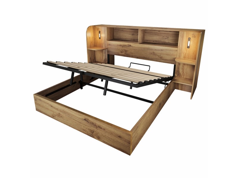  Lit coffre 180x200 cm, rangement hydraulique, tête de lit avec rangement, 2 tables de chevet, éclairage led pour chambre - chêne  - Conforama A