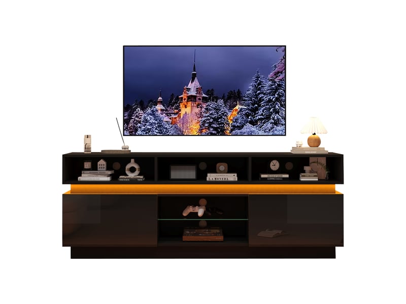 Meuble tv 160 cm noir brillant avec led app-contrôlée, plateau en verre trempé, pour écrans jusqu'à 60 pouces  - Conforama A