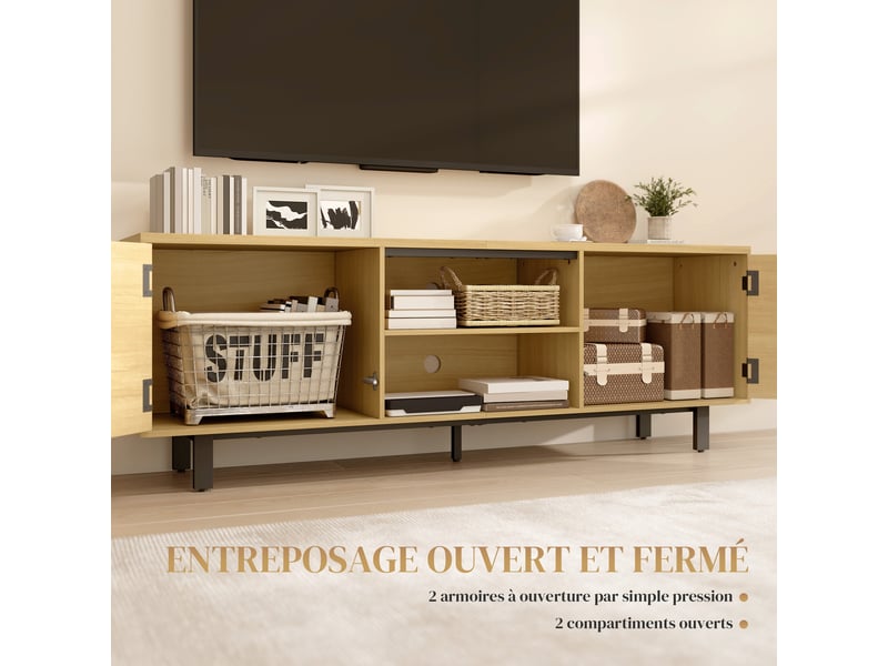  Meuble tv, meuble télé jusqu'à 65 pouces, 2 portes à ouverture par pression et 2 étagères, bois naturel, 160x35x55,5cm  - Conforama A