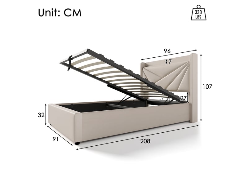  Lit coffre enfant 90x200 cm, espace de rangement, usb type-c et sommier, coton lin beige, sans matelas  - Conforama C
