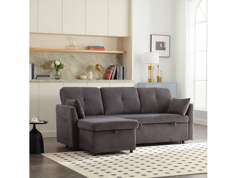  Canapé d’angle convertible modenvie 3 places en velours côtelé gris foncé avec rangement et méridienne réversible 206 x 108 x 66 cm  - Conforama D