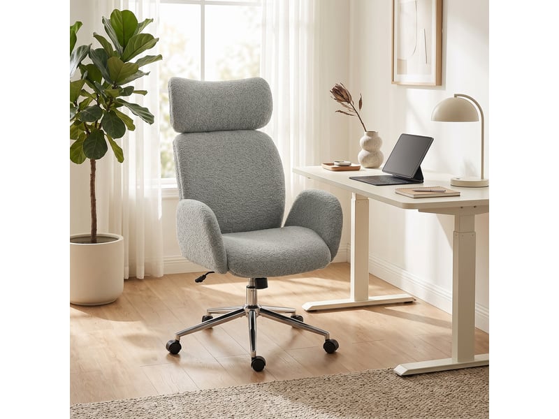  Fauteuil de bureau ergonomique, revêtement en tissu bouclette gris foncé, appui-tête réglable et bascule pour télétravail  - Conforama E