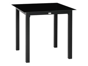 Table de jardin carree 80x80x74 cm pour 4 personnes, plateau en verre trempe, aluminium noir