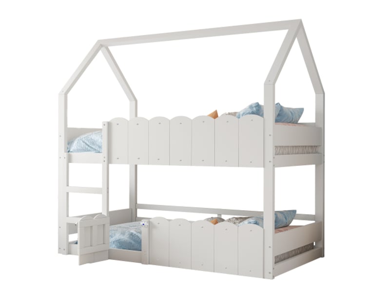 Lit superposé enfant 90x200 cm, lit cabane avec barrière de sécurité, blanc, sans matelas - Conforama A