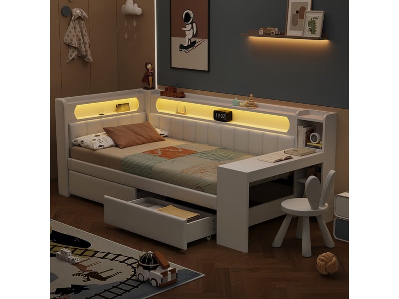  Lit banquette 90x200 cm avec bureau, led, usb et 2 tiroirs blanc  - Conforama D