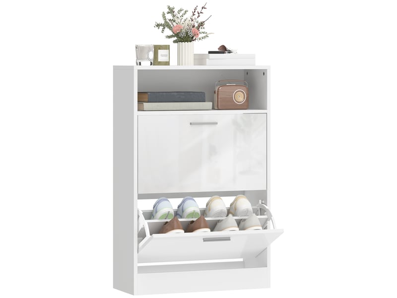  Meuble à chaussures 8 paires, armoire à chaussures, 2 tiroirs rabattables, étagères réglables et compartiment, blanc  - Conforama A