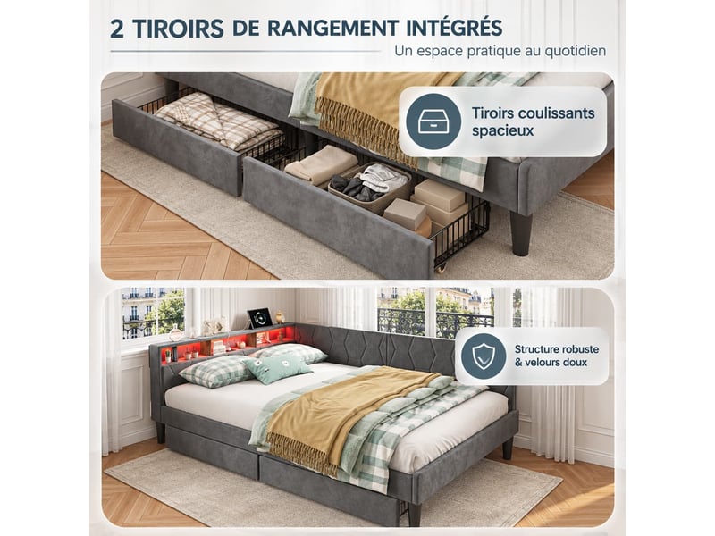  Canapé lit 2 places 140x200 avec lampe led et port usb, lit banquette capitonné avec 2 tiroirs, lit rembourré en l avec sommier à lattes, lit double pour adultes et adolescents, gris velours  - Conforama D