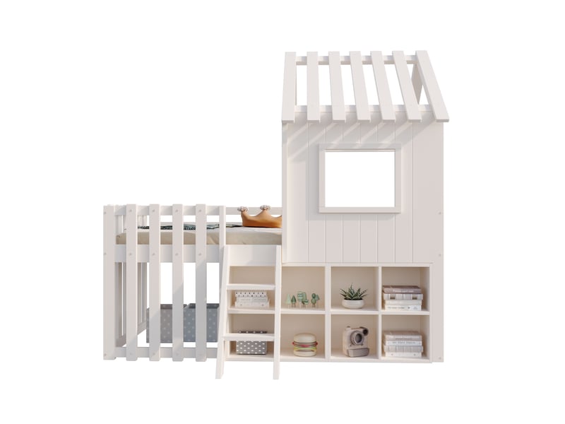  Lit enfant 90x200 cm – lit cabane mi-hauteur avec échelle et toit, fenêtres décoratives – cadre bois – blanc  - Conforama A