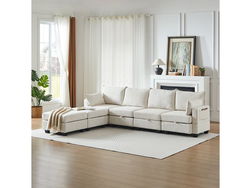 Canapé d’angle modulable 6 places en chenille, convertible en lit, méridienne et pouf avec rangement, configuration lu - beige - Conforama E