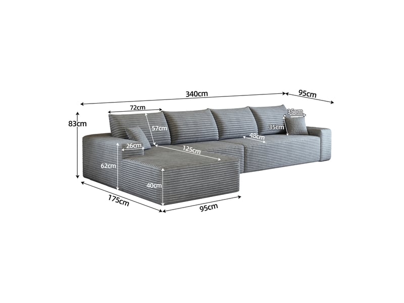  Canapé modulaire 340x175x83 cm avec chaise longue gris  - Conforama E