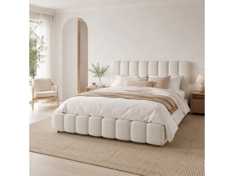  Lit coffre hydraulique adulte douple place 180x200 cm, tête de lit rembourrée, sommier, stockage, bouclé, blanc, sans matelas  - Conforama B