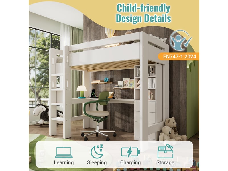  Lit mezzanine enfant 90x200 cm, tiroirs, table l, étagères,  usb type-c, sommier, bois blanc, sans matelas  - Conforama D