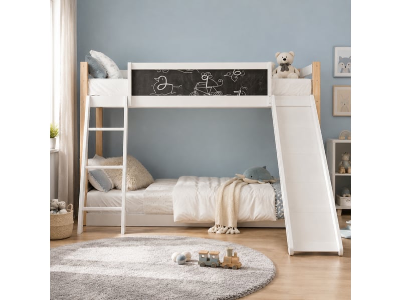 Lit superposé, lit 2 places avec toboggan, échelle et tableau, 200×90 cm et 190×90 cm, sans matelas, blanc - Conforama B