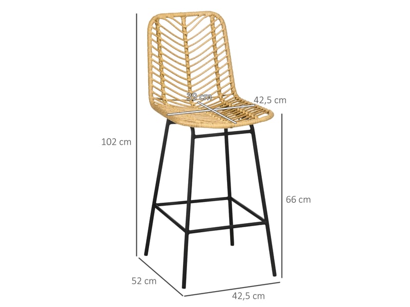  Tabourets de bar lot de 2 avec dossier et repose-pieds, design bohème en résine tressée jaune et acier noir  - Conforama C