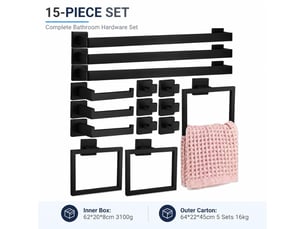 Ensemble de serviettes en acier inoxydable noir 15 pièces, porte-serviettes de salle de