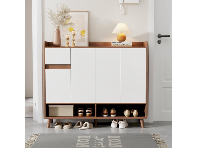  Buffet 120x35x99 cm – blanc et naturel – 4 portes, 1 tiroir, étagère réglable pour salon et cuisine  - Conforama B