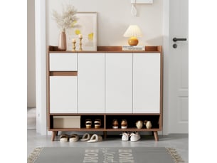 Buffet 120x35x99 cm – blanc et naturel – 4 portes, 1 tiroir, étagère réglable pour salon et cuisine