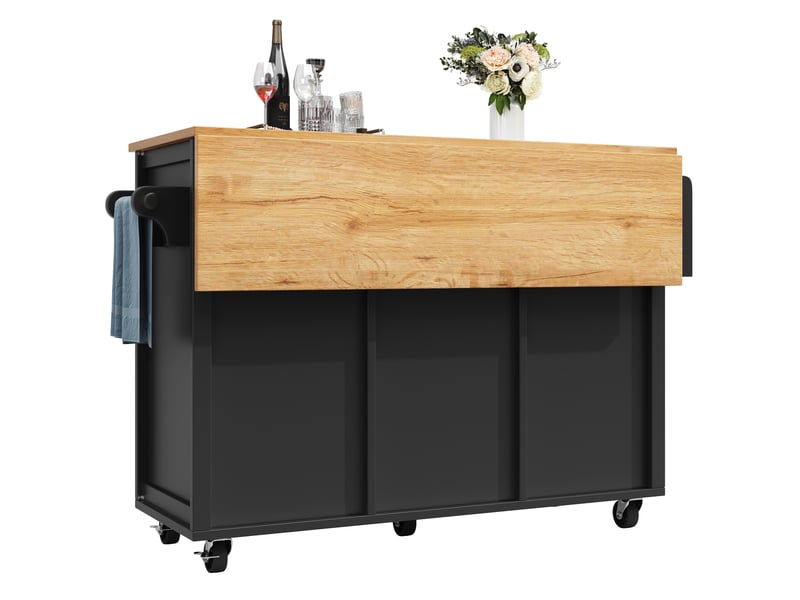 Desserte 137,9x45x92,2 cm îlot de cuisine extensible avec roulettes, noir et bois - Conforama D