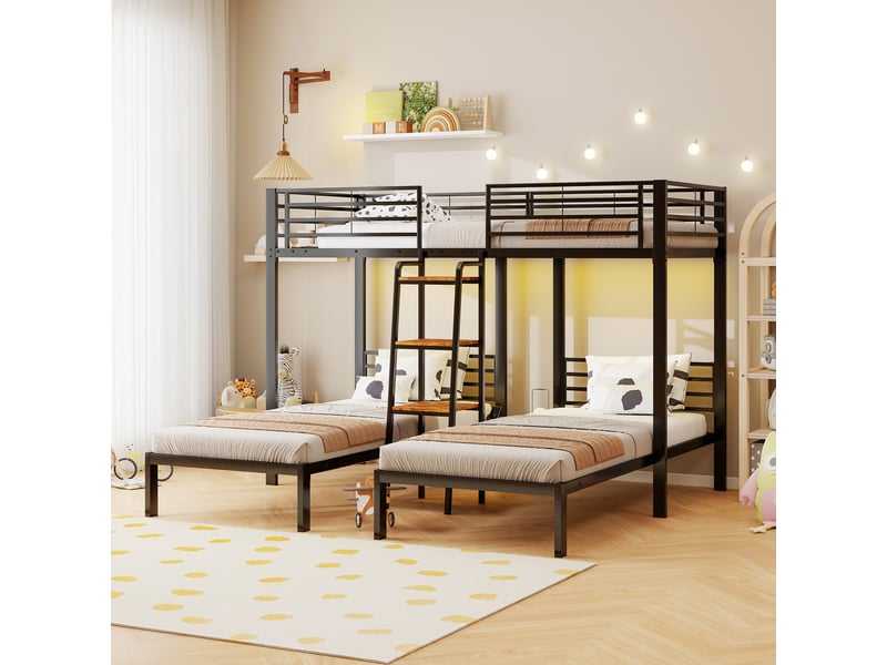 Lit superposé 3 places 90x200 cm en métal avec 2 lits simples en l, échelle intégrée, garde-corps et étagère - noir - Conforama B