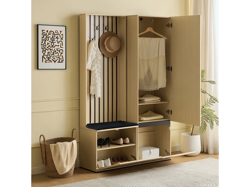 Ensemble vestiaire avec miroir et banc rembourré, barre télescopique, 4 patères, rangement à chaussures, à assembler - Conforama E